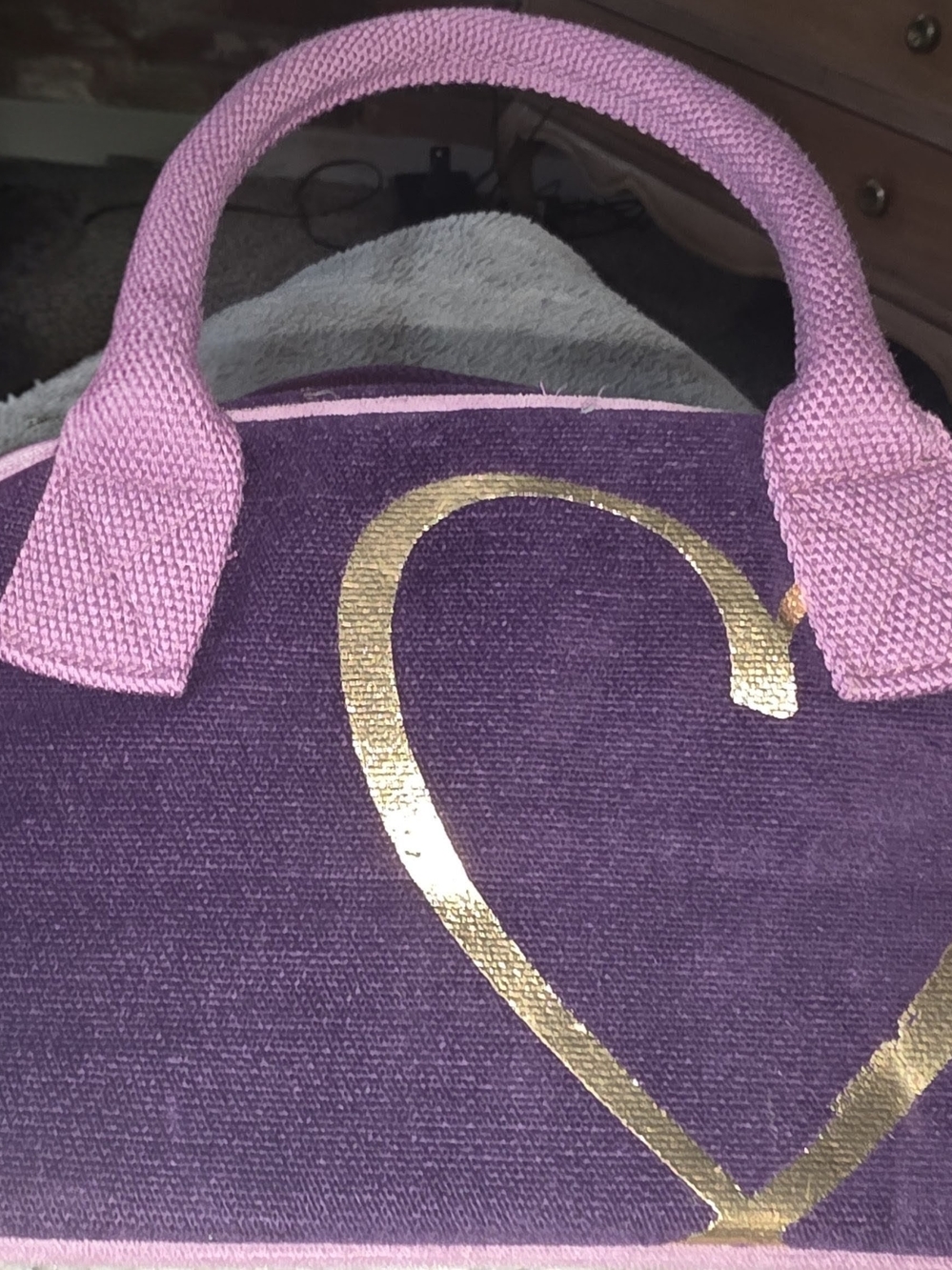 Victoria's Secret Purple Cosmetic Bag with Pink Handles and Gold Heart